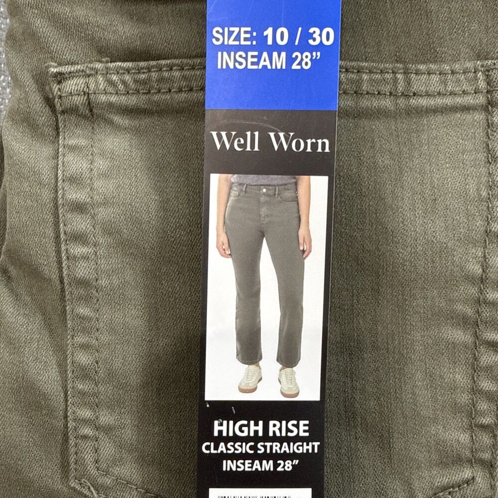 Well Worn Womens Stretch Pants Green Straight Leg High-Rise Pockets Heavy 10/30
